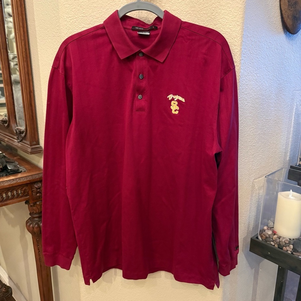 NIKE USC Trojans Embroidery Tiger Woods Red Long Sleeve Polo Shirt Size Large